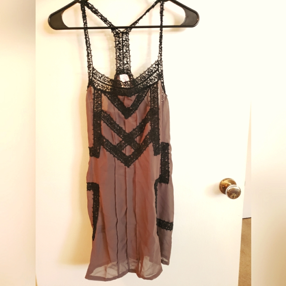 Mind Code midi dress, brown w/ gorgeous black embroidered accents and straps, S
